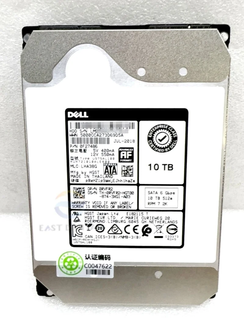 0RVFR2 Dell HGST HUH721010ALE600 3.5'' 10TB SATA 7.2K 6Gbps Hard Drive 0F27486