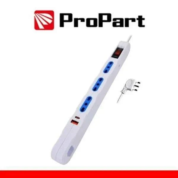 Multipresa Salvaspazio 3posti 2P+T bipasso + USB-A + USB-TYPE-C con protez Spina 10A + interr