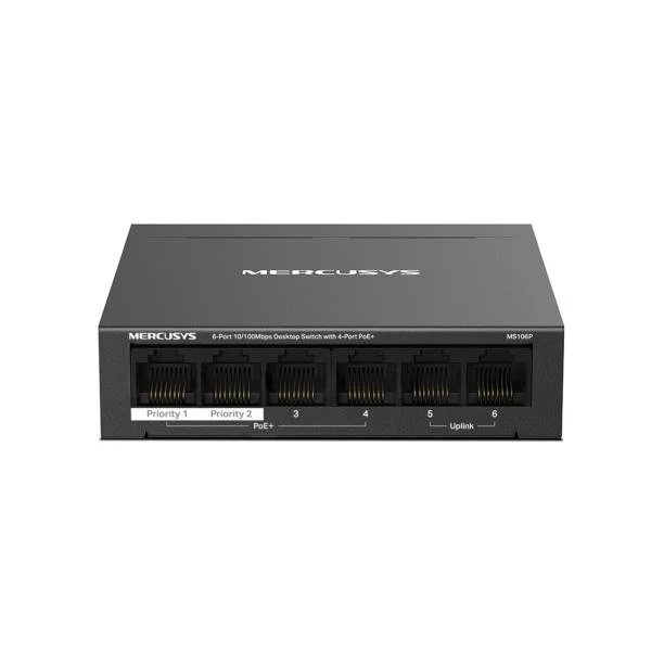 Mercusys MS106P switch di rete Non gestito Fast Ethernet (10/100) Supporto Power over Ethernet (PoE) Montaggio da desktop/parete Nero [MS106P]