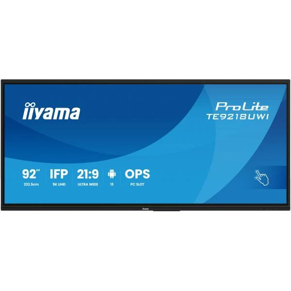 iiyama TE9218UWI-B1AG visualizzatore di messaggi Pannello piatto interattivo 2,32 m (91.5") LED Wi-Fi 500 cd/m 5K Ultra HD Nero Touch screen Processore integrato Android 16/7 [TE9218UWI-B1AG]