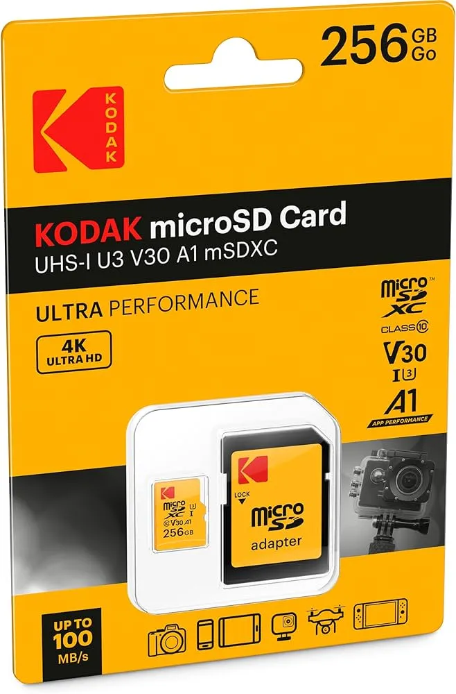 KODAK MICRO SDXC 256GB 100MB/100MB CL.10 U3 V30 4K CON ADATTATORE