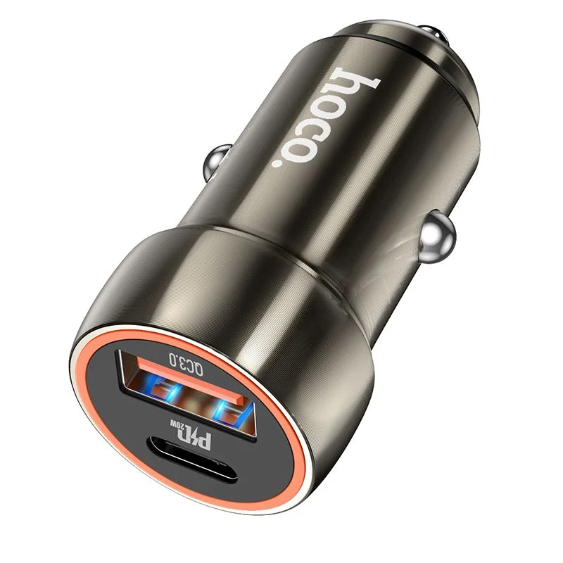 Hoco caricabatteria da auto Type C + USB 3.0 20W Metal Grey