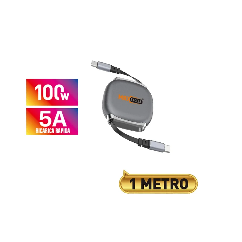 MAXEXCELL Cavo Type-C a Type-C Retrattile – 1M, 5A, 100W Ricarica Rapida