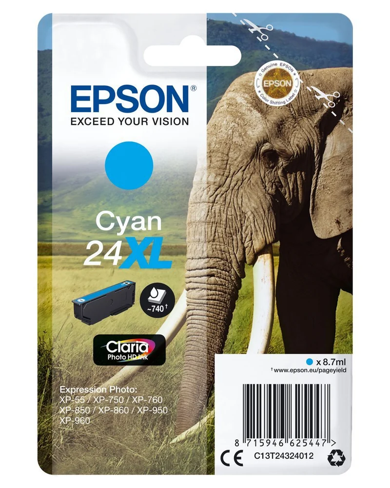 Epson Elephant Inchiostro ciano singolo Claria Photo HD Elefante 24XL [C13T24324012]