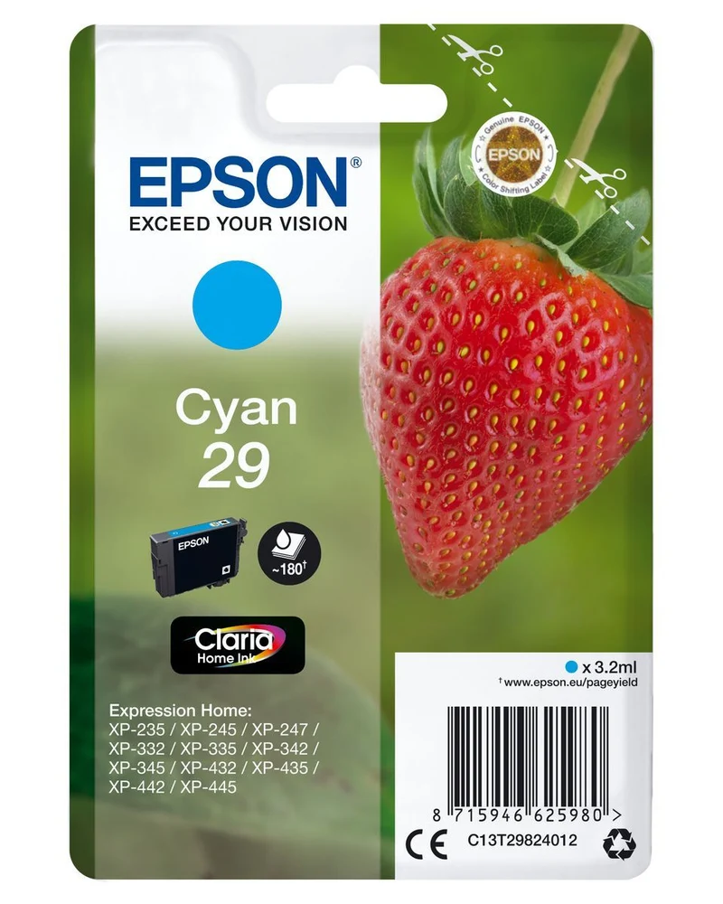 Epson Strawberry Singlepack Cyan 29 Claria Home Ink [C13T29824012]