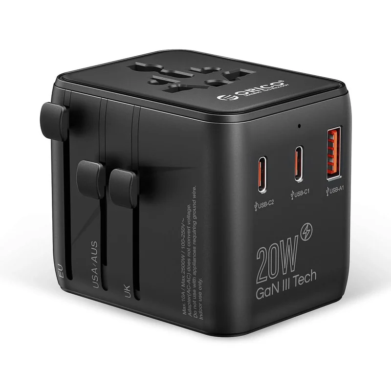 ORICO GaN 20W Universal Global Travel Adapter with 2 USB-C & 1 USB-A Ports