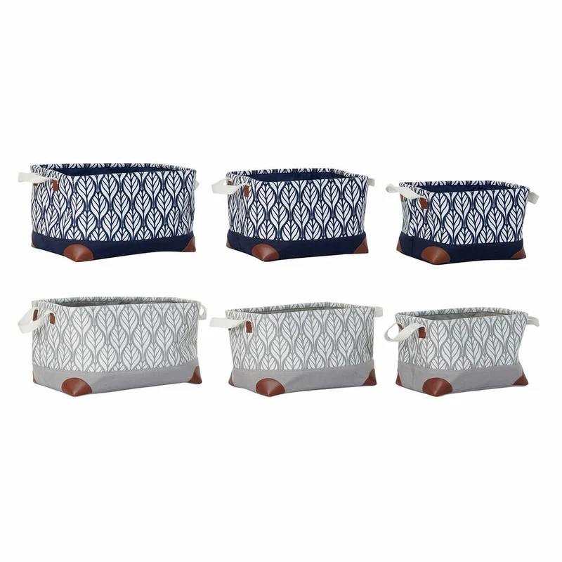 Multi-purpose basket DKD Home Decor White Brown Grey Navy Blue Leaf of a plant Boho 40 x 30 x 24 cm Plastic 3 Pieces (2 Units)