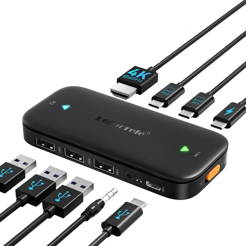Lemorele H200 USB-C KVM Switch – 4K UHD, One-Click Switching, Multi-Device Docking, 100W PD Charging