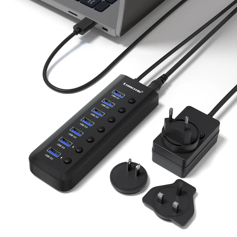 Lemorele TC111 7-Port USB 3.0 Hub with Individual Switches & Smart Charging