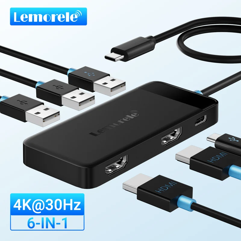 Lemorele TC122 USB-C 6-in-1 Docking Station with Dual HDMI & 100W PD