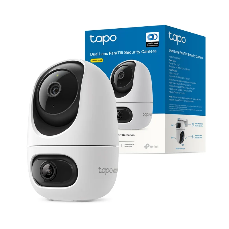 Tapo C245D Telecamera WiFi Interno Doppio Obiettivo 2K+2K, 360° PTZ