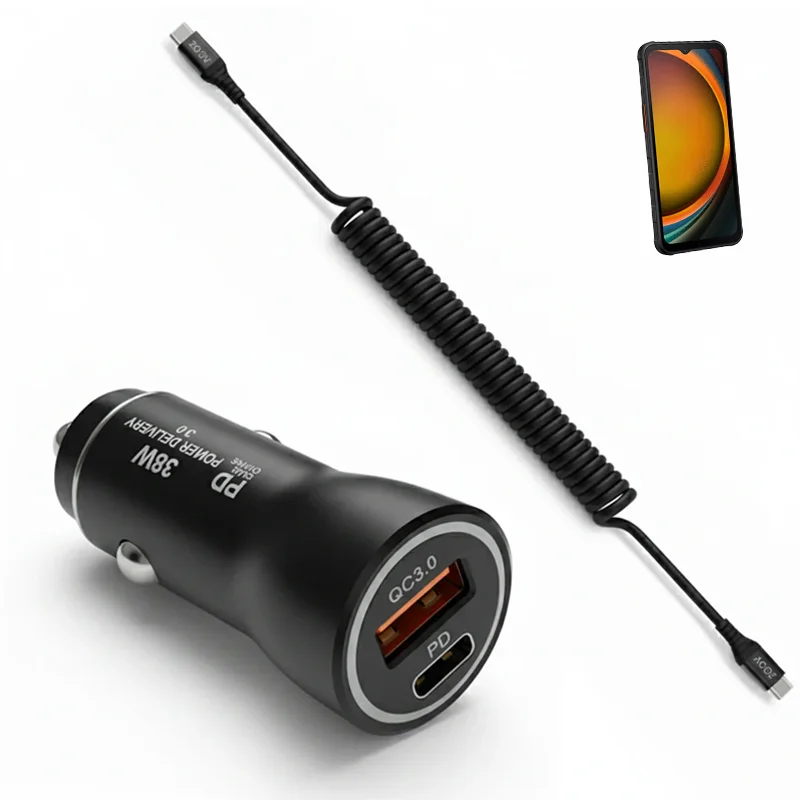 38W USB-C Car Charger with Coiled Cable for Samsung XCover Devices