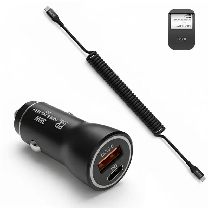 38W Fast Car Charger & USB-C Coiled Cable for Epson Mobilink TM-P20II P80II