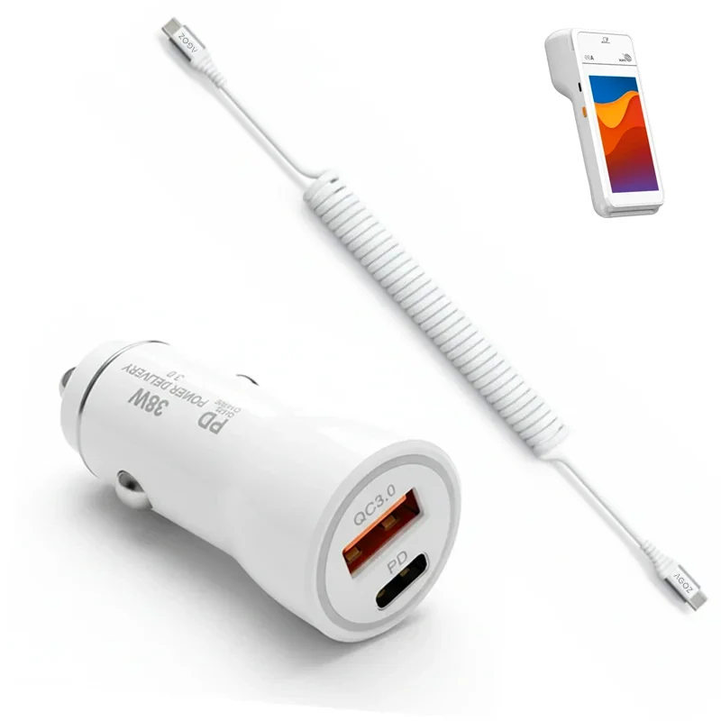 38W Fast Car Charger and USB-C Coiled Cable for PAX POS Terminals