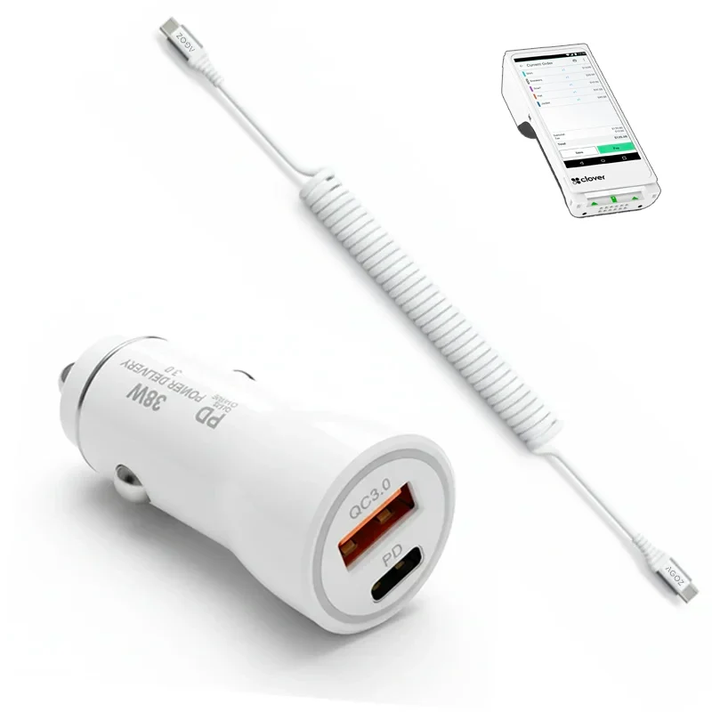 38W Fast Car Charger and USB-C Coiled Cable for Clover Flex POS