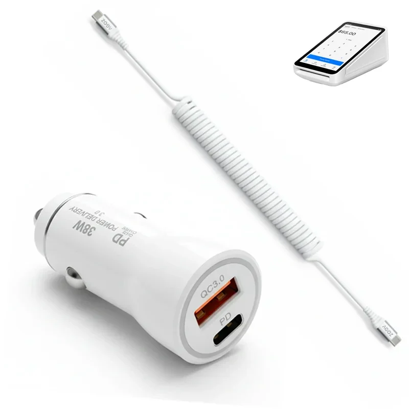 38W Fast Car Charger and USB-C Coiled Cable for Square POS Device