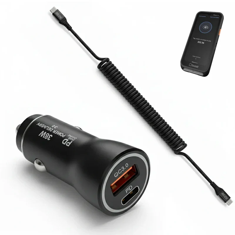 38W Fast Car Charger and USB-C Coiled Cable for Toast Handheld POS