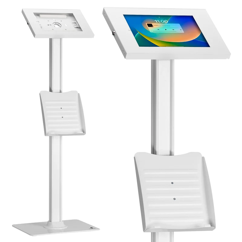 Supporto pubblicitario per tablet Maclean, montaggio a pavimento con dispositivo di blocco, 9,7"-11", iPad/iPad Air/iPad Pro, Samsung Galaxy Tab A/Tab A7/Tab S6 Lite, MC-476W