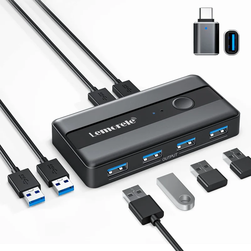 Lemorele H5 USB 3.0 Switch – Dual-PC Sharing Hub for Peripherals