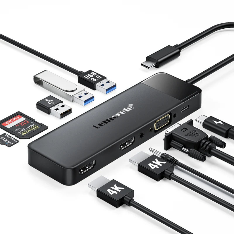 Lemorele TC94L USB-C Docking Station with Dual 4K HDMI & VGA Output