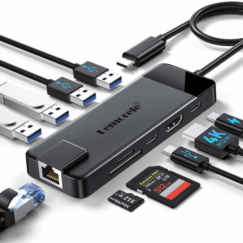 Lemorele TC93 USB-C Hub 10-in-1 with 4K HDMI, 100W PD, and Gigabit LAN