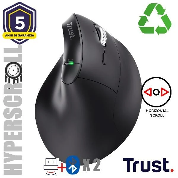 TRUST MOUSE ERGONOMICO VERTICALE HYPERSCROLL WIRELESS RICARICABILE MULTICONNECT 2x BT + WL 2,4GHZ (U [26107]