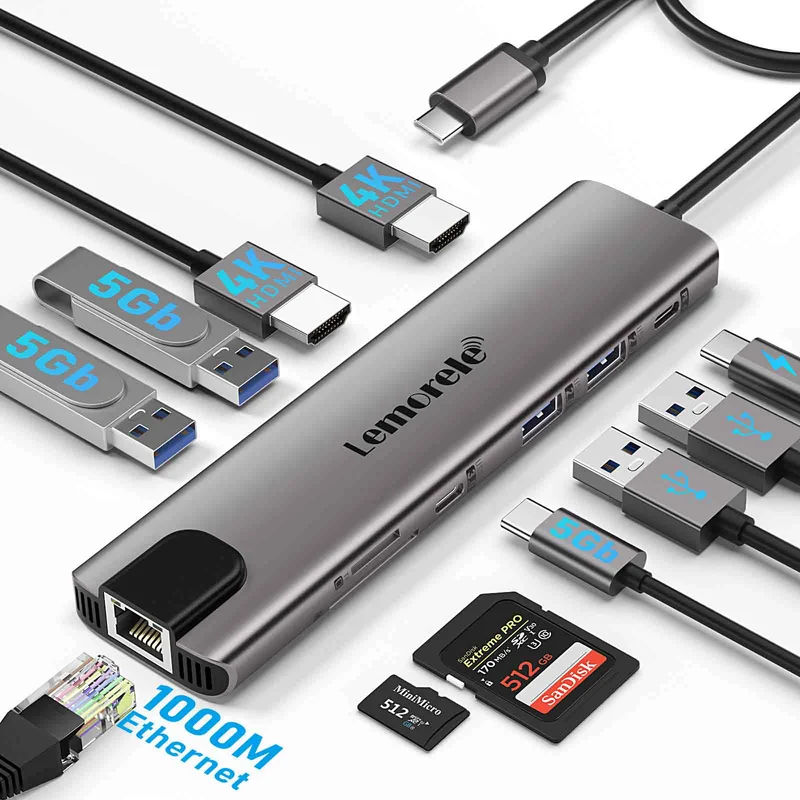 Lemorele TC65L USB-C 11-in-1 Docking Station with Dual HDMI & 100W PD