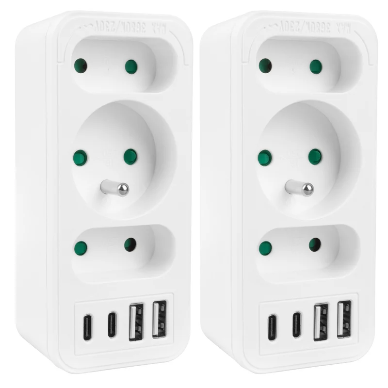 Presa di corrente x3 + 4xUSB Maclean, splitter a 3 prese, 2xUSB A, 2xUSB C PD 20W, 1x16A + 2x6A, MCE248 F/W, 2 pezzi