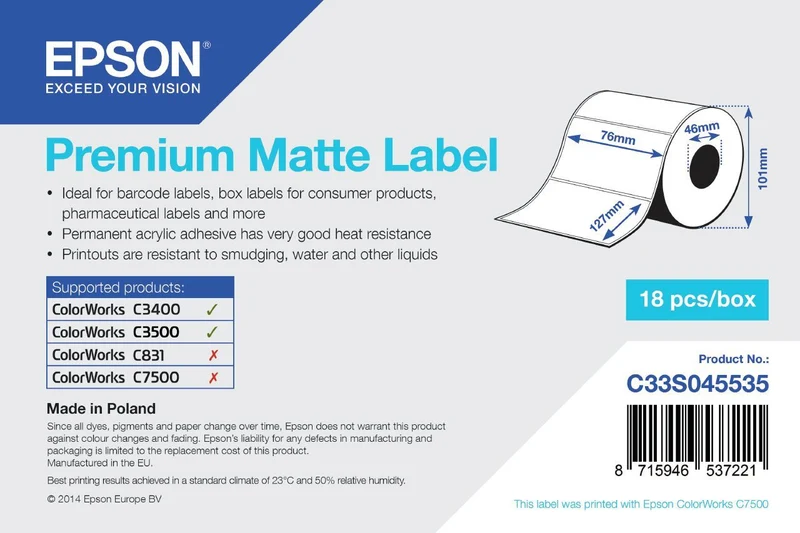 Epson Premium Matte Label - Die-cut Roll: 76mm x 127mm, 265 labels [C33S045535]