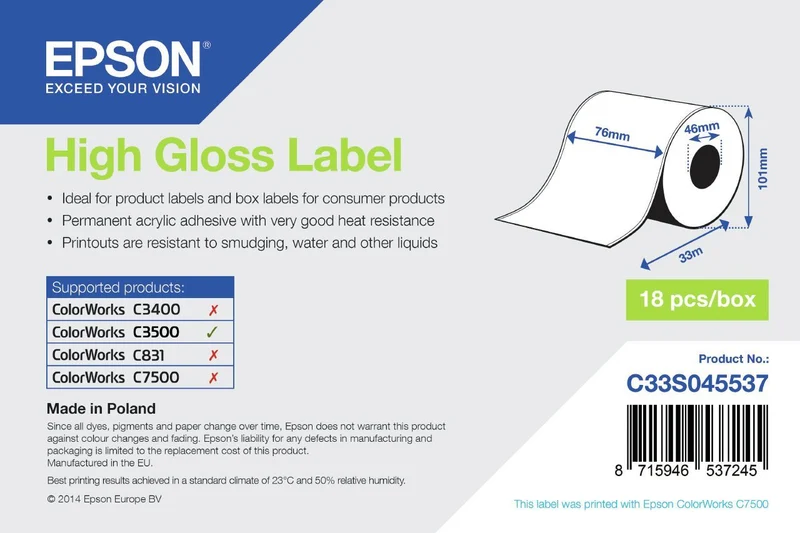 Epson High Gloss Label - Continuous Roll: 76mm x 33m [C33S045537]