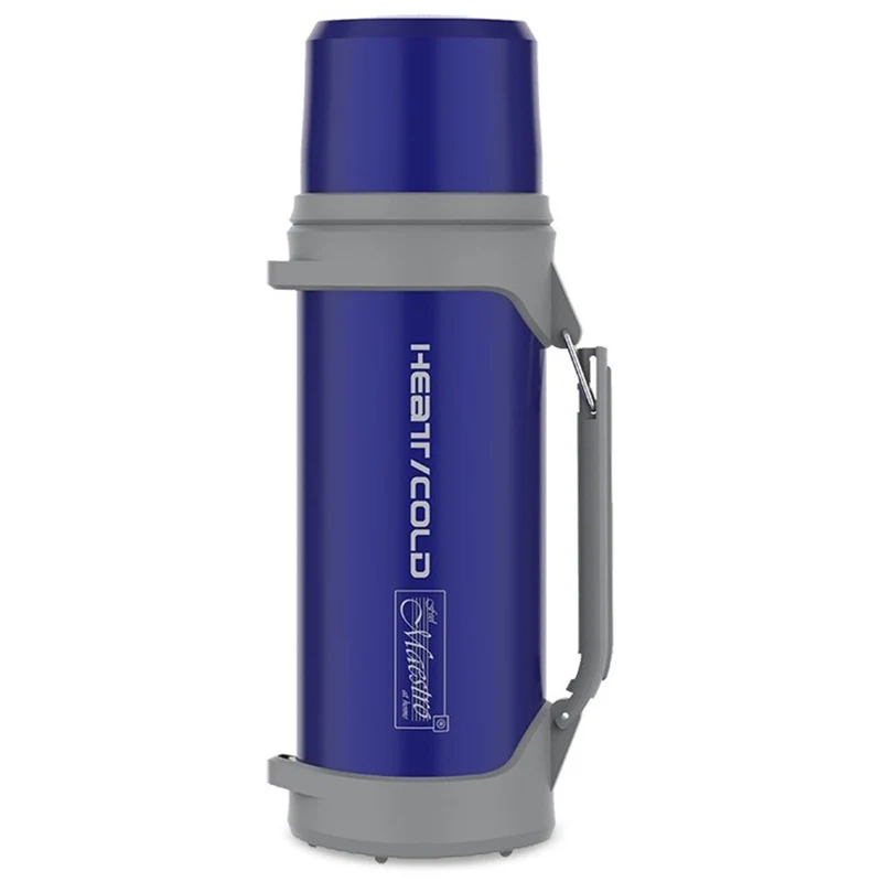 Bottiglia isolante Thermos 1L con tazza da 350ml Chiusura ermetica cinghia di trasporto di 110 cm Materiale acciaio inossidabile 304 + plastica per bevande calde o fredde (blu navy)