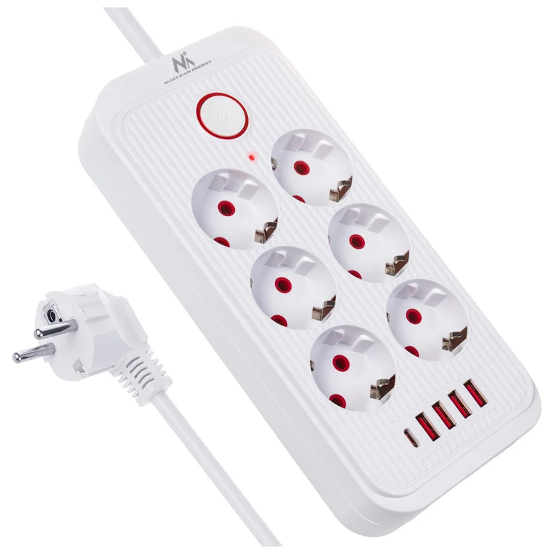 Ciabatta elettrica Maclean, cavo di prolunga a 6 prese + 4xUSB, 110-240V AC 50/60Hz, 2,1A max 2500W, 1,5 m, bianco, MCE389 W