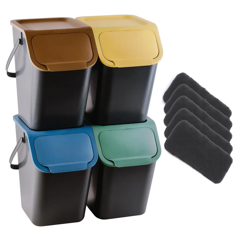 Set di 4 contenitori neri per la raccolta differenziata BINI con coperchi colorati giallo/verde/blu/marrone + 5 filtri al carbone