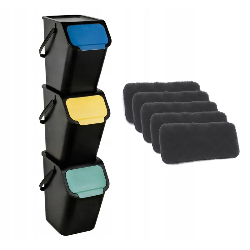 Set di 3 contenitori neri per la raccolta differenziata BINI da 25 litri con coperchio nero e sportello colorato blu/verde/giallo + 5 filtri al carbone