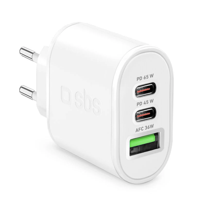 Caricatore GaN da 65W con 2 porte USB-C + 1 USB-A - Bianco
