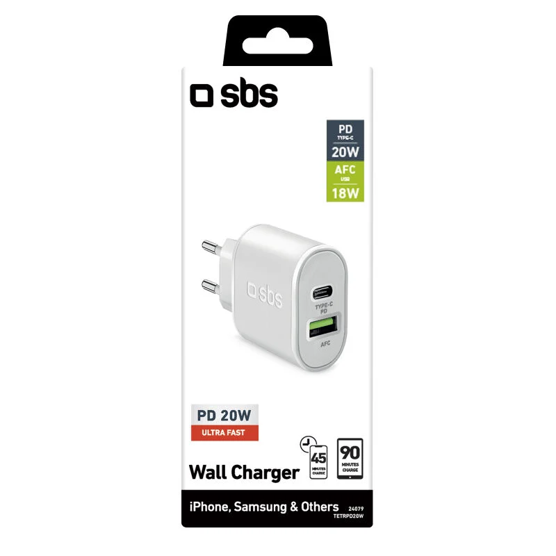 Caricabatterie caricatore 20 Watt Ricarica ultra rapida e due porte USB - Bianco