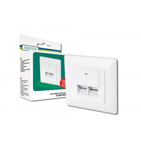 Digitus CAT 6A Class EA Network Wall Outlet - Shielded - 2x RJ45 LSA - Flush Mount - Vert. Cable Install. - White [DN-9005-N]