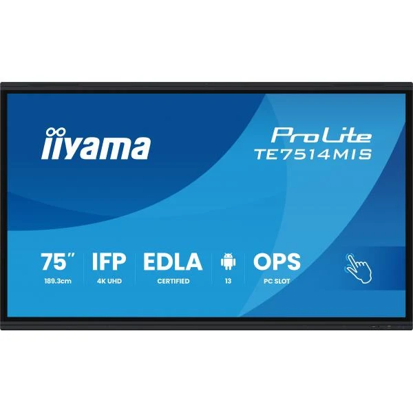 iiyama PROLITE TE7514MIS-B2AG Pannello piatto per segnaletica digitale 190,5 cm (75") LCD Wi-Fi 435 cd/m 4K Ultra HD Nero Touch screen Processore integrato Android 24/7 [TE7514MIS-B2AG]