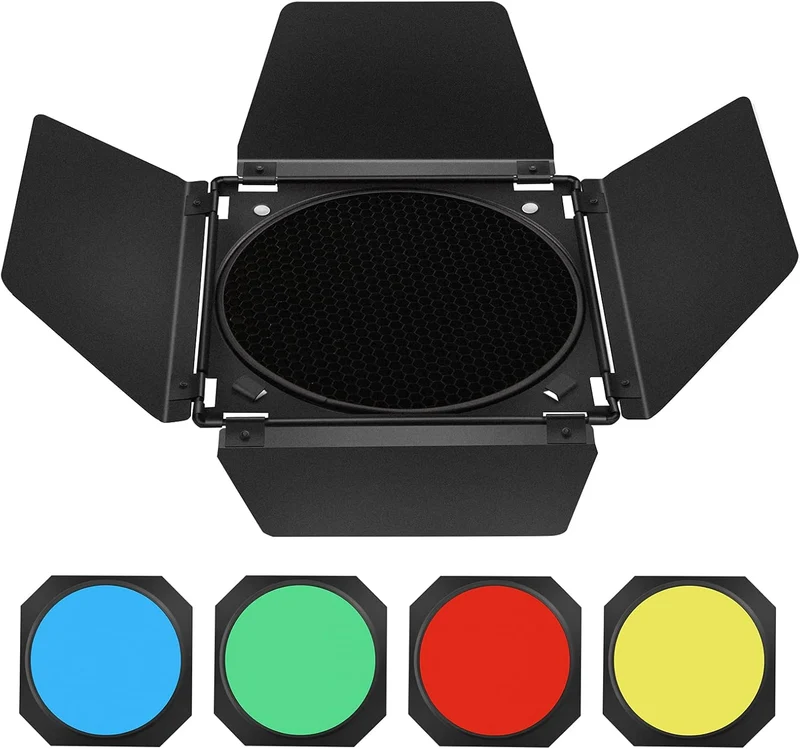 Godox BD-04 Barn Door in metallo e griglia a nido d'ape e 4 filtri gel colorati, attacco bowens