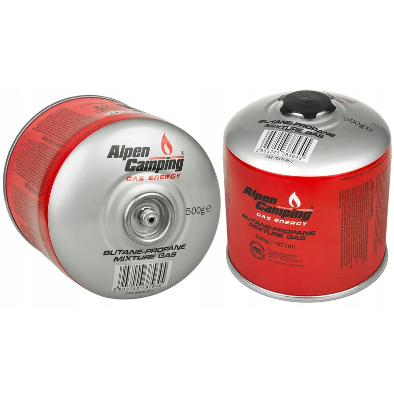2x cartuccia di gas Alpen Camping da 500 g. Certificato: Pi 0437, secondo EN417, propano-butano, gamma da -10°c a + 40°c, valvola 7/16" IK008