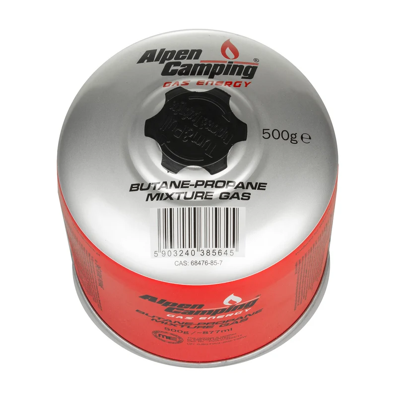 Cartuccia di gas da 500g Alpen Camping. certificato: Pi 0437, conforme EN417, propano-butano, range da -10°C a +40°C, valvola filettata 7/16" IK008