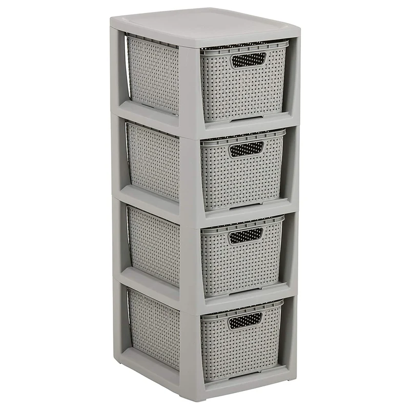 BranQ Scaffale in rattan con 4 cestini da 7 litri colore grigio