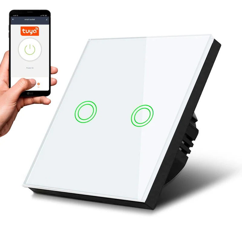 Maclean MCE714W Interruttore Touch, compatibile con SMART, Tuya APP, vetro, bianco con illuminazione a pulsante doppio rotondo, 86x86 mm