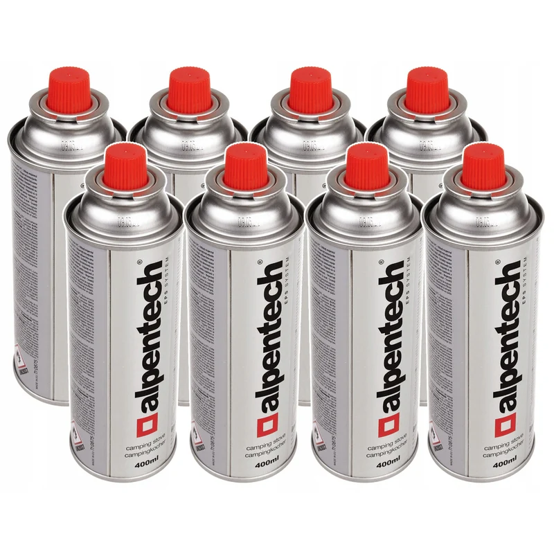 8x cartuccia di gas Alpentech 400ml, certificazione: Pi 0875, conforme a EN417, isobutano, campo di funzionamento da -10°c a + 40°c, IK300