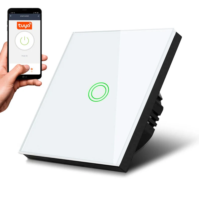 Maclean MCE715W Interruttore Touch, singolo, compatibile con SMART, Tuya APP, vetro, bianco con illuminazione a pulsante singolo rotondo, 86x86 mm