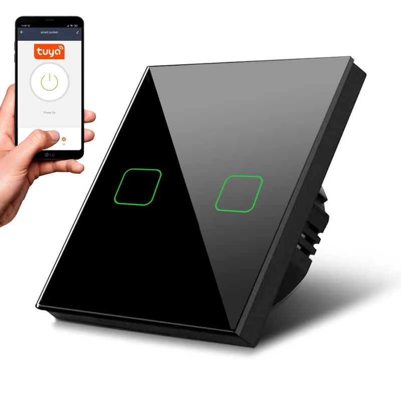 Maclean MCE717B Interruttore Touch luminoso, doppio, SMART, compatibile con Tuya APP, vetro, nero con illuminazione a pulsante doppio quadrato, 86x86 mm