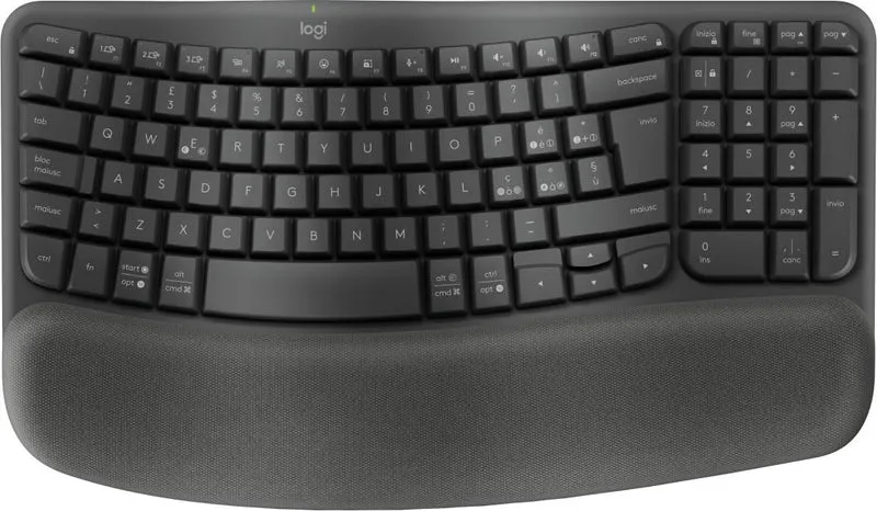 Logitech Wave Keys for Business, tastiera wireless ergonomica con supporto per i polsi imbottito, tecnologia Secure Logi Bolt, Bluetooth, compatibile con Windows/Mac/Chrome/Linux - Grafite [920-012330]