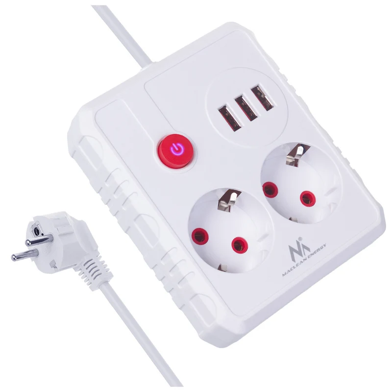 Ciabatta elettrica Maclean, cavo di prolunga 2 prese + 3xUSB, 110-240V AC 50/60Hz, 2,1A max 2500W, 3 m, bianco, MCE388 W
