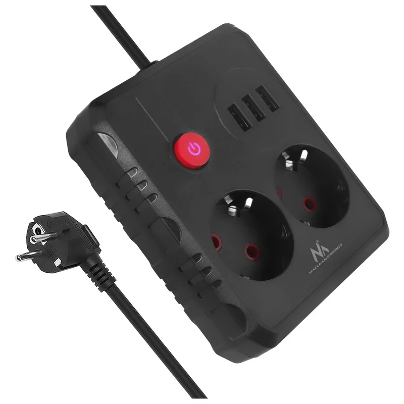 Ciabatta elettrica Maclean, cavo di prolunga 2 prese + 3xUSB, 110-240V AC 50/60Hz, 2,1A max 2500W, 3 m, nero, MCE388 B