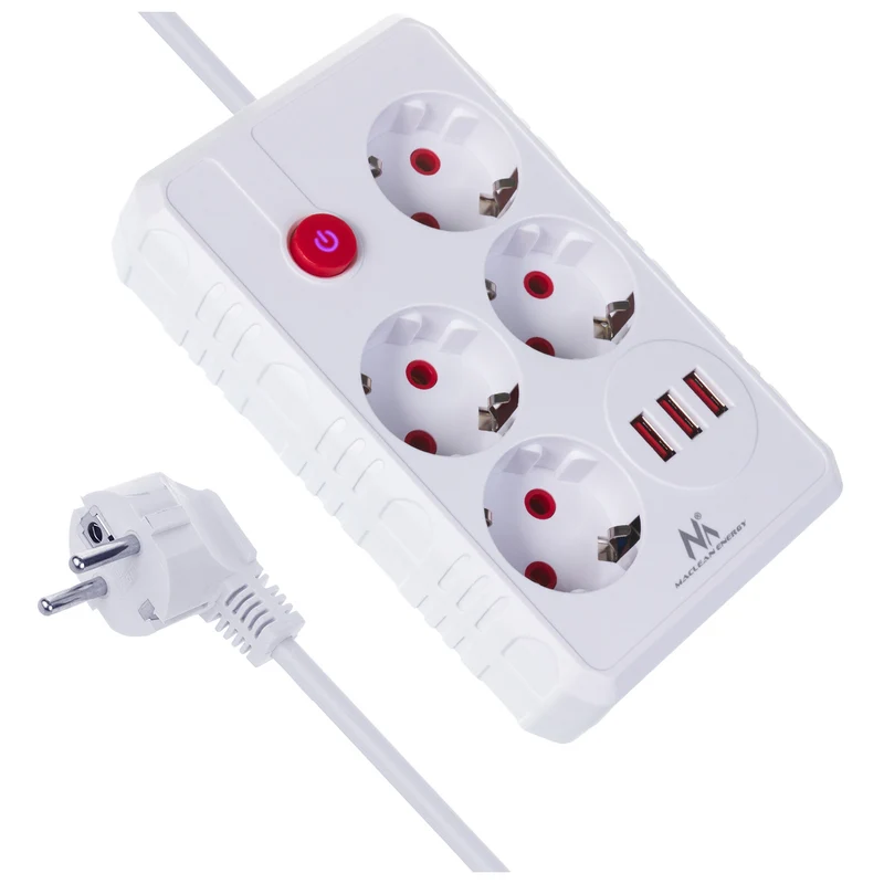 Ciabatta elettrica Maclean, cavo di prolunga a 4 prese + 3xUSB, 110-240V AC 50/60Hz, 2,1A max 2500W, 3m, bianco, MCE393 W